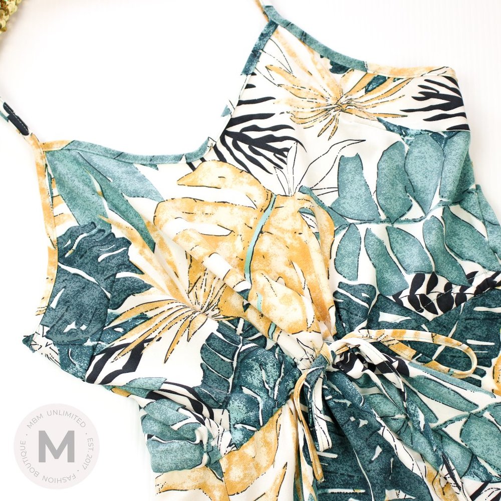 White Green Tropical Print Ruffle High Low Dress - Picture 5 of 9